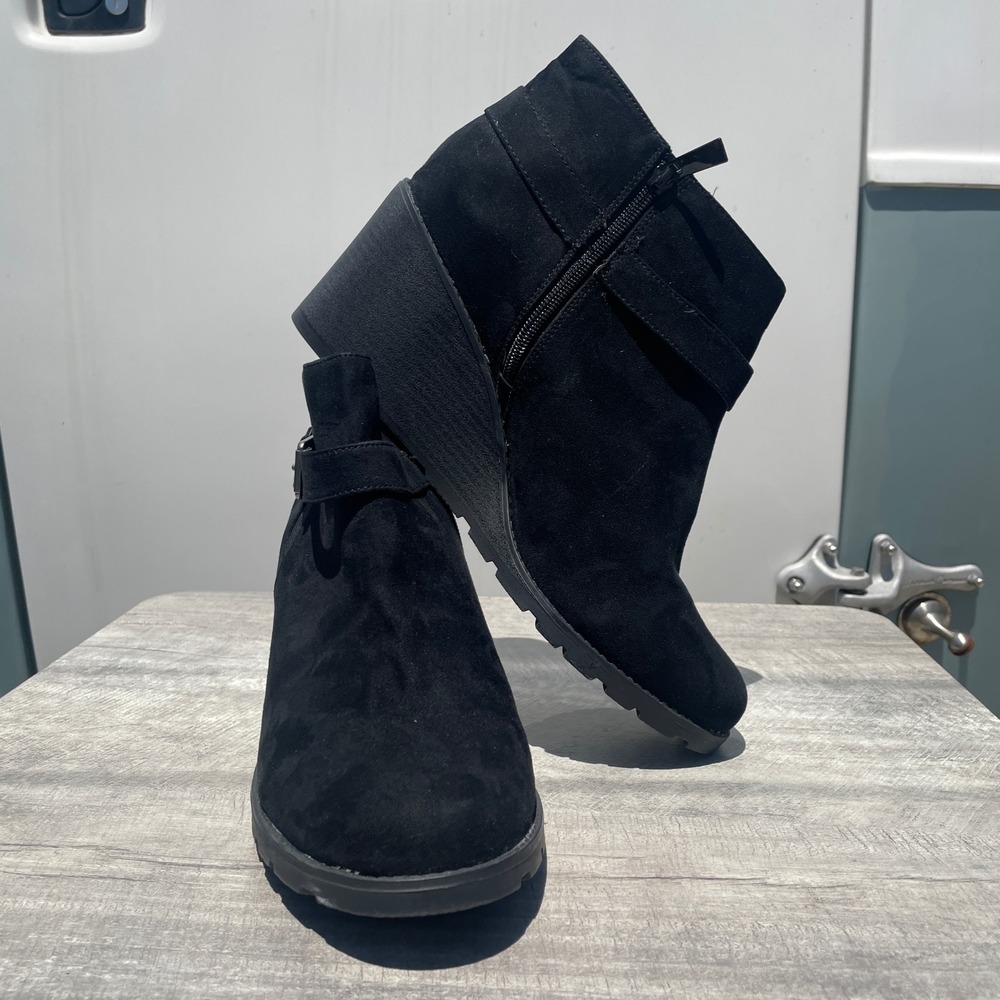 Torrid Black Faux Suede Wedge Ankle Booties Buckle Strap Side Zip Shoes 13W